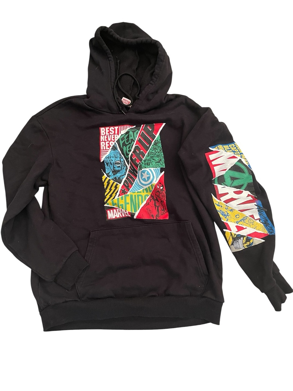 Marvel Black Pullover Hoodie with Multicolor Comic Panel Graphics